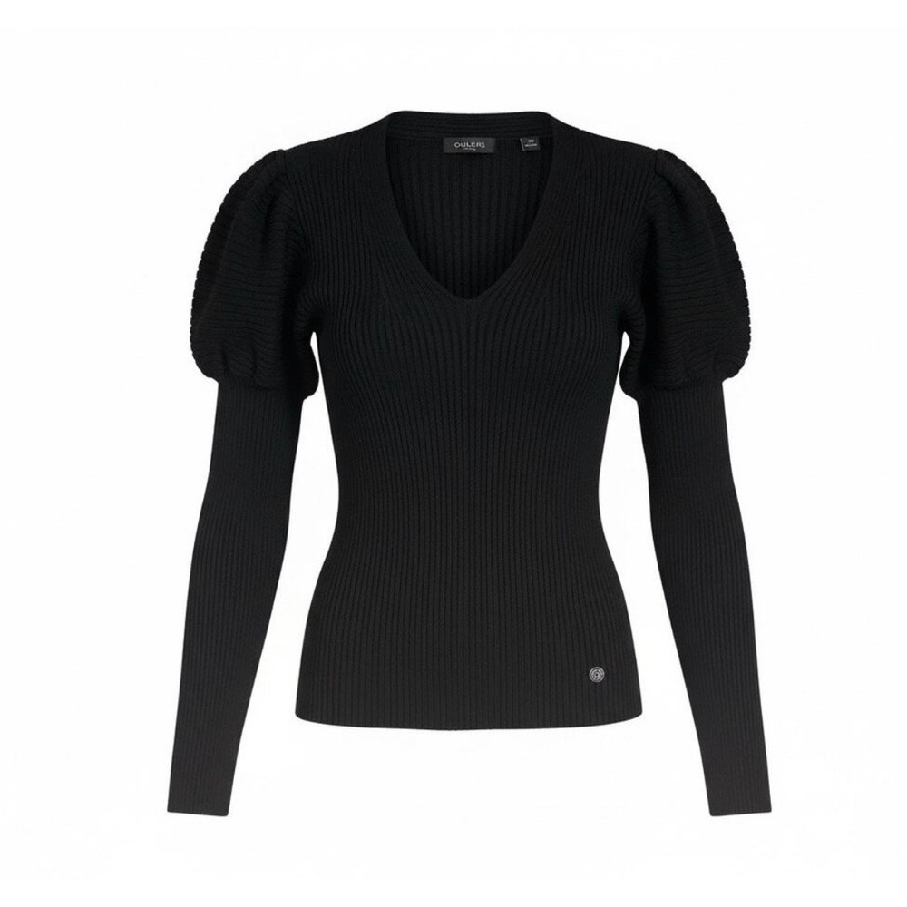 Ted Baker Sweater Women 3 Black Ivery Puff Shoulder V-Neck Ribbed Knit Top